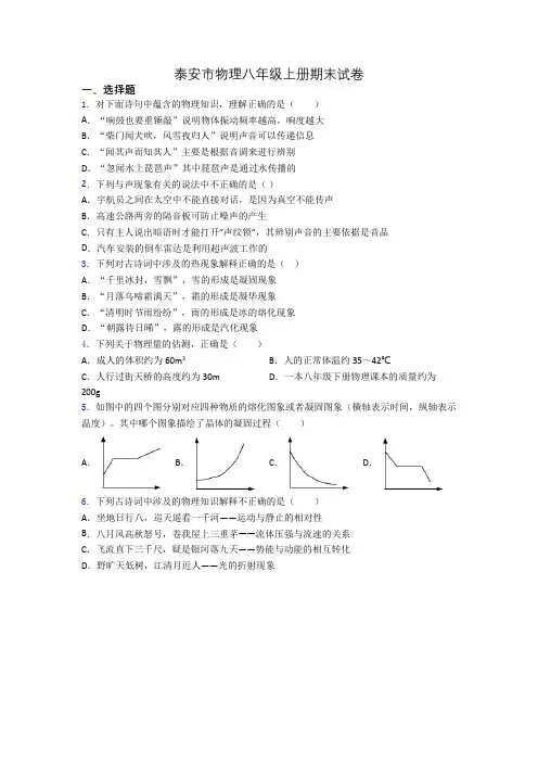 泰安市物理八年级上册期末试卷