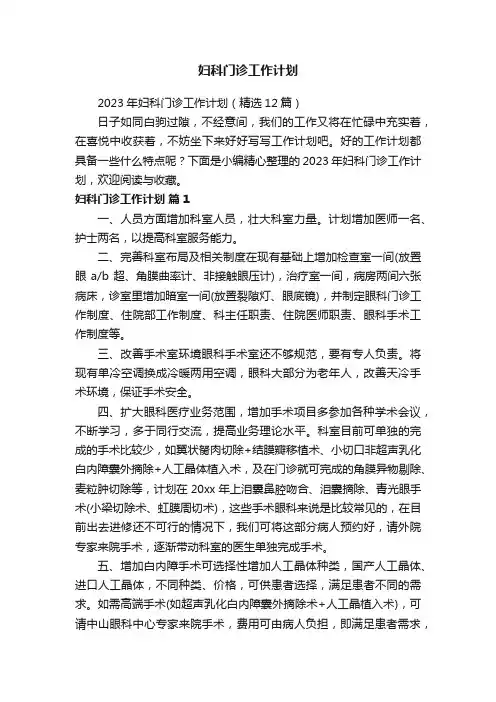 2023年妇科门诊工作计划（精选12篇）