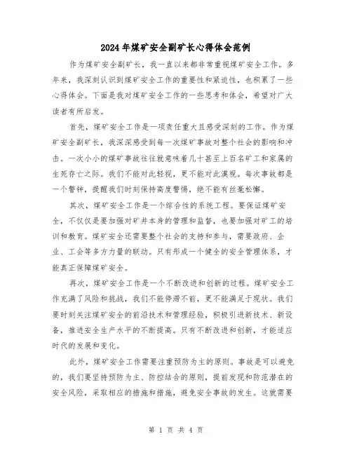 2024年煤矿安全副矿长心得体会范例(2篇)