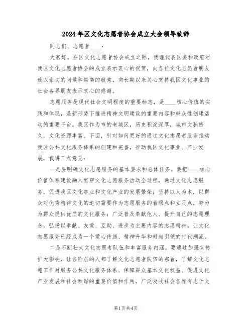 2024年区文化志愿者协会成立大会领导致辞（二篇）