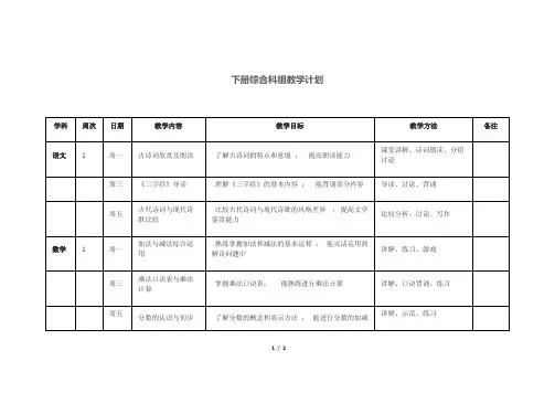 下册综合科组教学计划