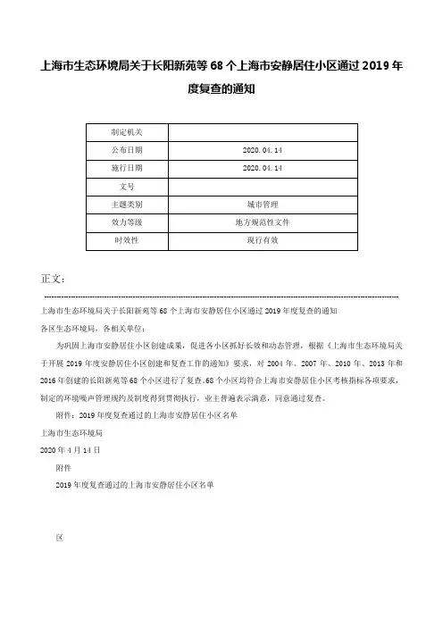 上海市生态环境局关于长阳新苑等68个上海市安静居住小区通过2019年度复查的通知-