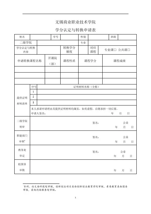 无锡商业职业技术学院 学分认定与转换申请表