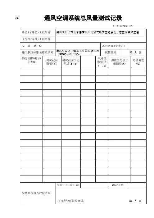 通风空调系统总风量测试记录