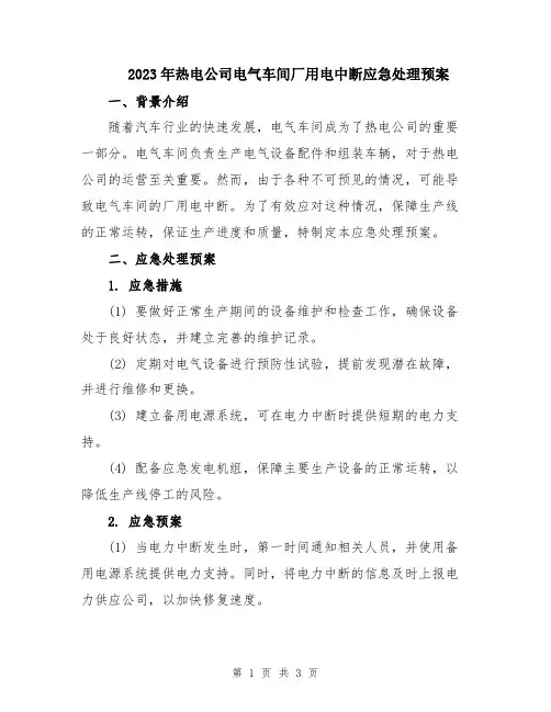 2023年热电公司电气车间厂用电中断应急处理预案