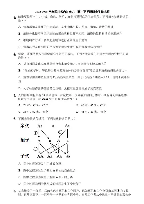 2022-2023学年四川省内江市六中高一下学期期中生物试题