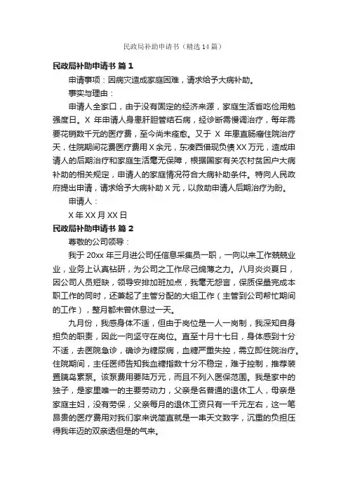 民政局补助申请书（精选14篇）