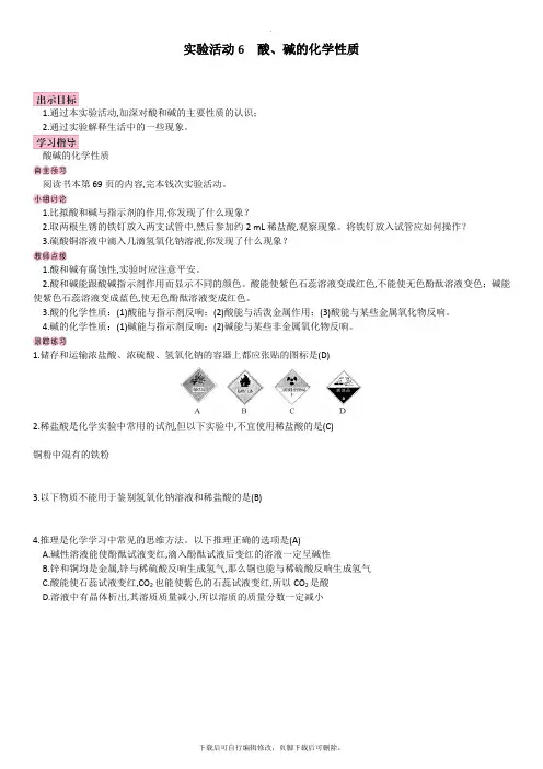 人教版化学九年级下册 第十单元实验活动6 酸、碱的化学性质