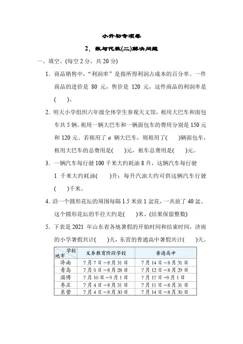 青岛版数学六年级下册-小升初专项卷2.数与代数(二)解决问题(有答案)