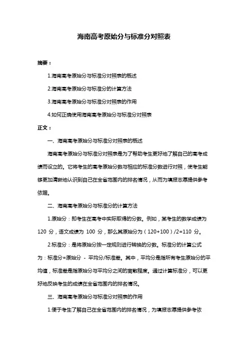 海南高考原始分与标准分对照表