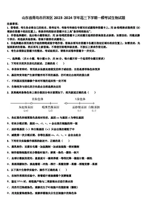 山东省青岛市开发区2023-2024学年高三下学期一模考试生物试题含解析