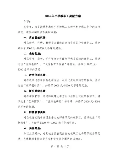 2024年中学教职工奖励方案
