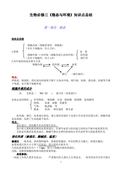 人教版高中生物必修三《稳态与环境》知识点总结