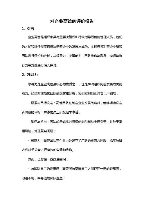 对企业高管的评价报告