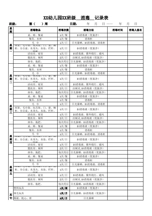 幼儿园学校班级消毒记录