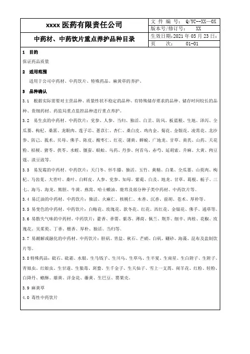 中药材、中药饮片重点养护品种目录