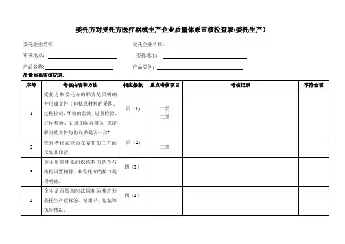 委托方对受托方医疗器械生产企业质量体系审核检查表(委托生产)
