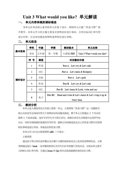 Unit3Whatwouldyoulike单元解读五年级英语上册(人教PEP版)