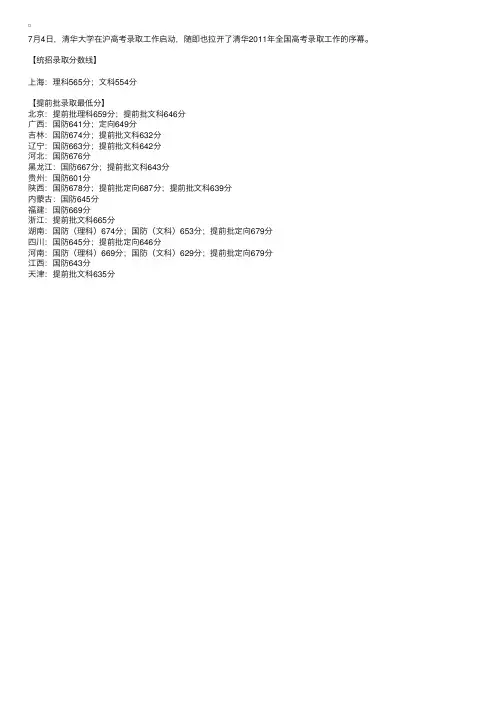 清华大学2011年各省录取分数线公布