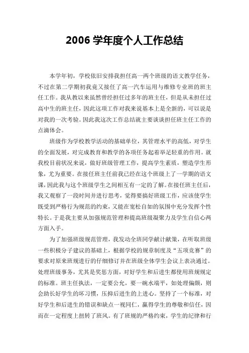 2006学年度个人工作总结