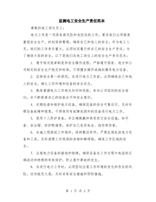 监测电工安全生产责任范本