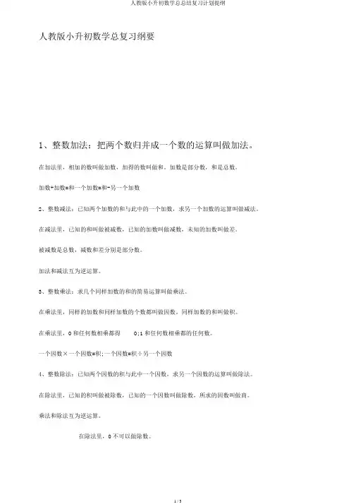 人教版小升初数学总总结复习计划提纲
