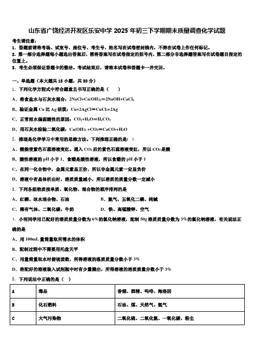 山东省广饶经济开发区乐安中学2025年初三下学期期末质量调查化学试题含解析