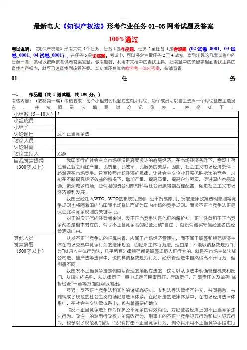 最新电大知识产权法形考作业任务0105网考试题及答案