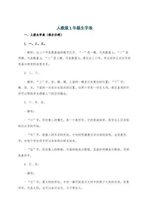 人教版1年级生字表