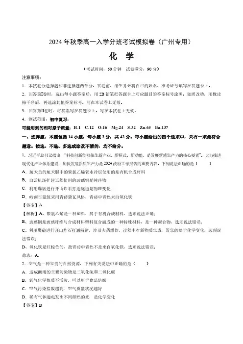 2024年秋季高一入学分班考试模拟卷化学试题(解析版)(广州版)
