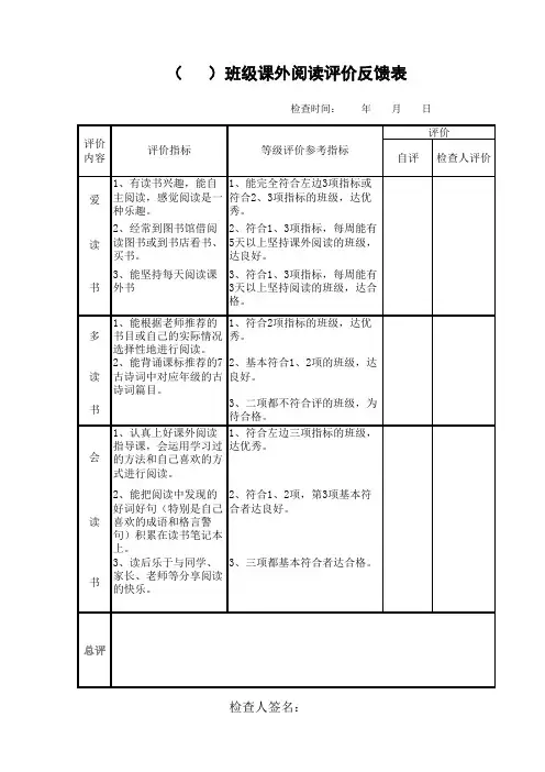 阅读评价反馈表
