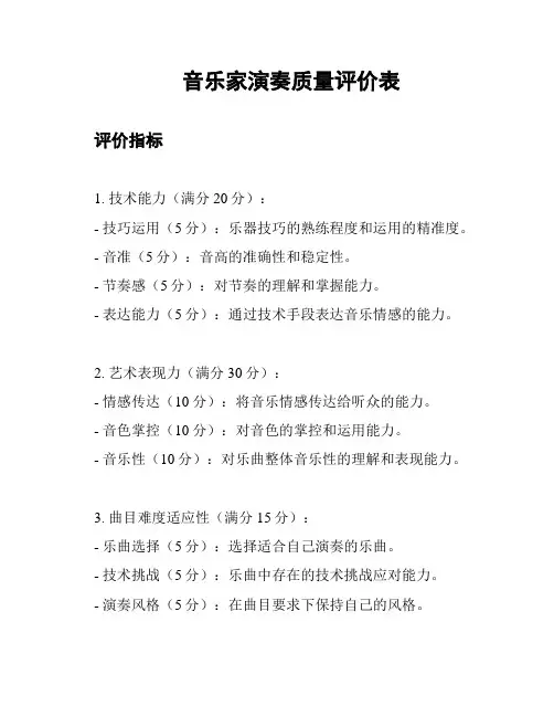 音乐家演奏质量评价表