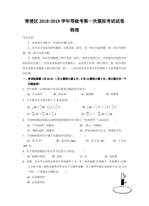 青浦区2019年高三第一学期期末(一模)学科质量检测物理试题及答案【精品】