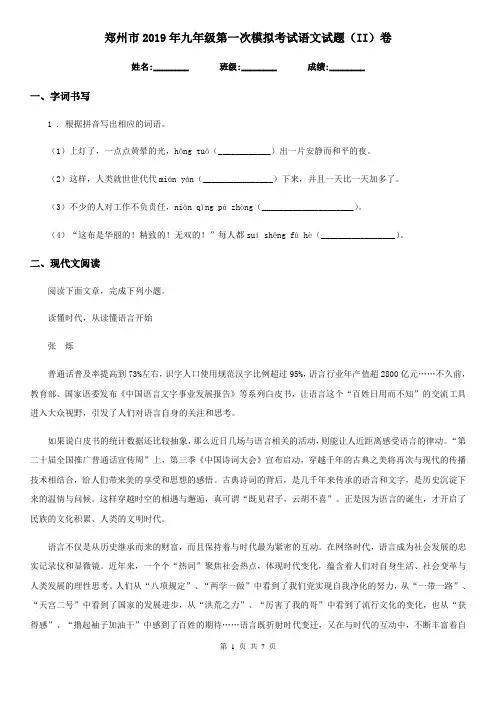 郑州市2019年九年级第一次模拟考试语文试题(II)卷