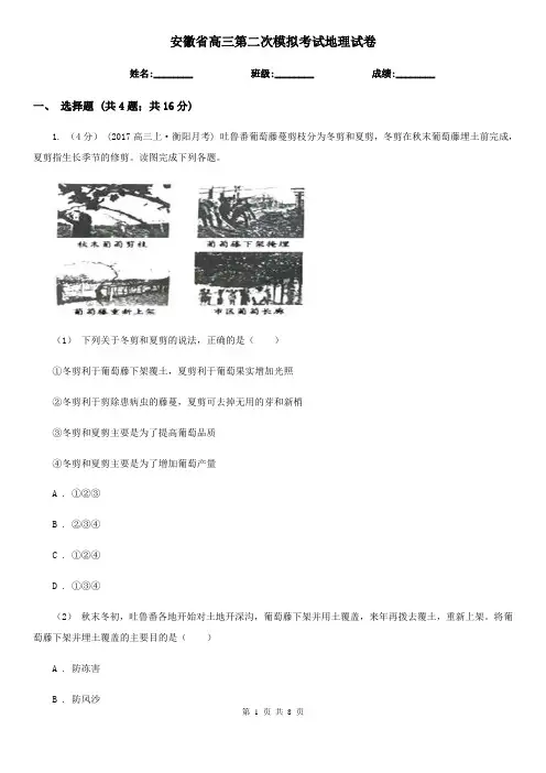安徽省高三第二次模拟考试地理试卷