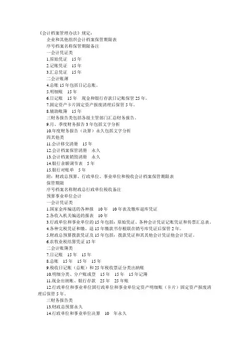 会计档案保管期限表