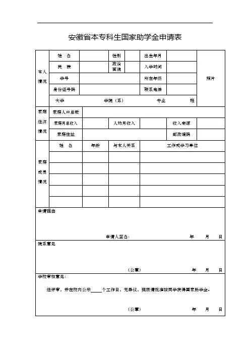安徽省本专科生国家助学金申请表 (空表) (1)