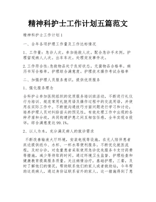 精神科护士工作计划五篇范文