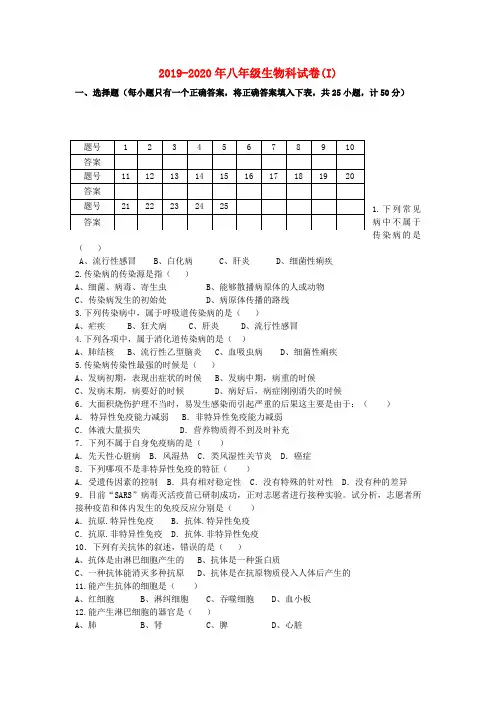 2019-2020年八年级生物科试卷(I)