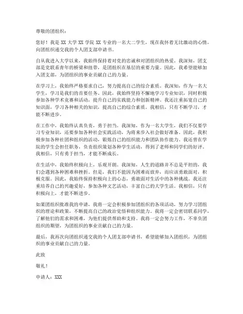 个人团支部申请书大学