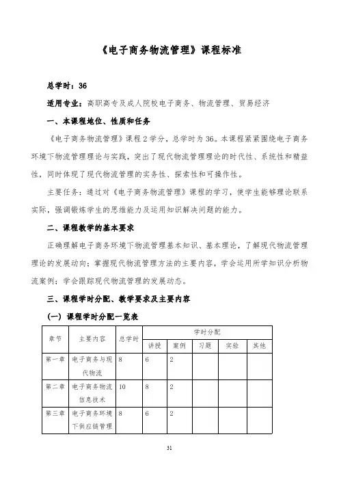 电子商务专业《电子商务物流管理》课程标准