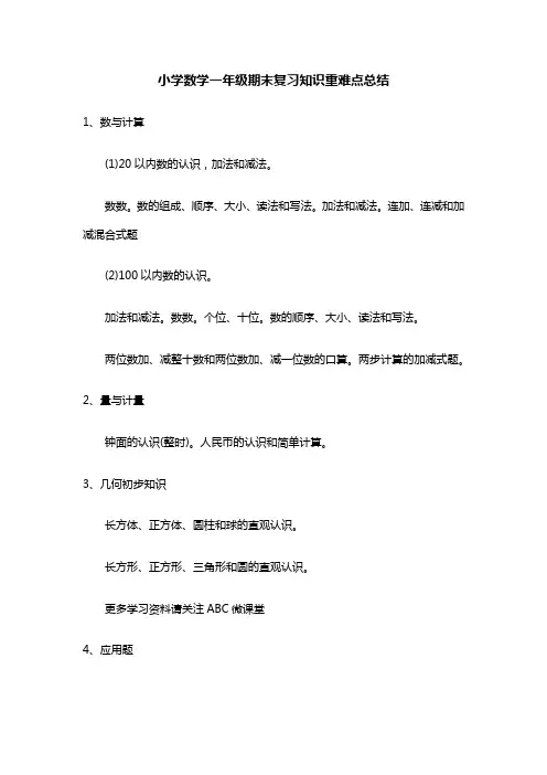 小学数学期末复习知识重难点