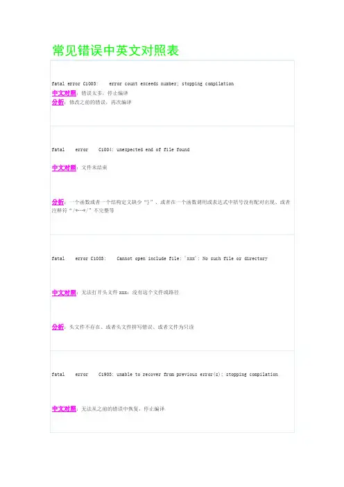 c语言错误的中英对照