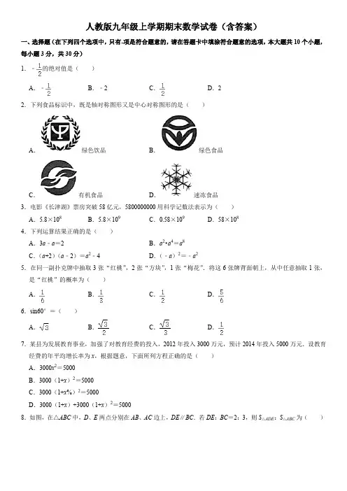 人教版九年级上学期期末考试数学试卷(解析版)