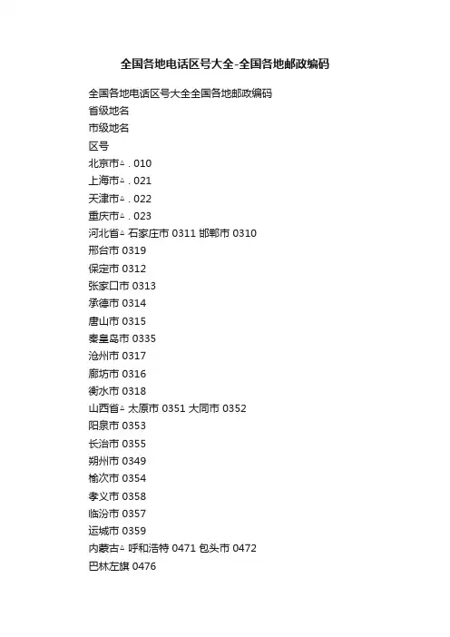 全国各地电话区号大全-全国各地邮政编码