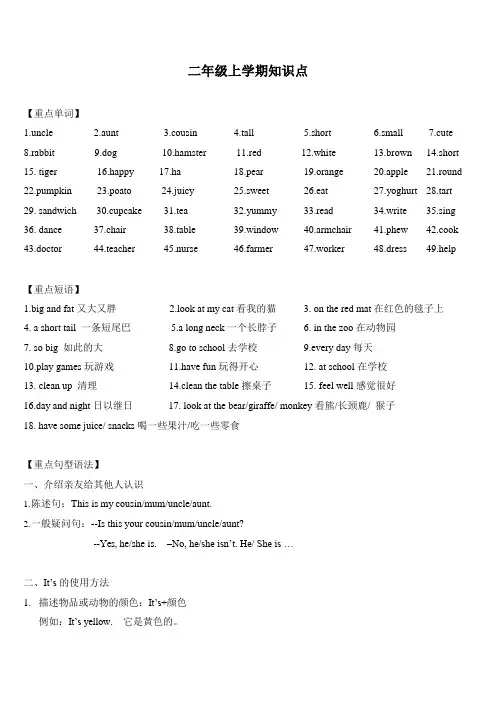 苏州某校牛津译林二年级英语上学期期末知识点整理