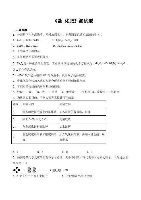 人教版化学九年级下册第十一单元《盐 化肥》测试题(含答案)