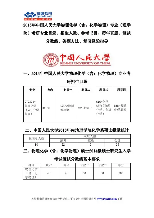 2015中国人民大学物理化学(含：化学物理)专业(理学院)考研专业目录招生人数参考书目历年真题复试分数线