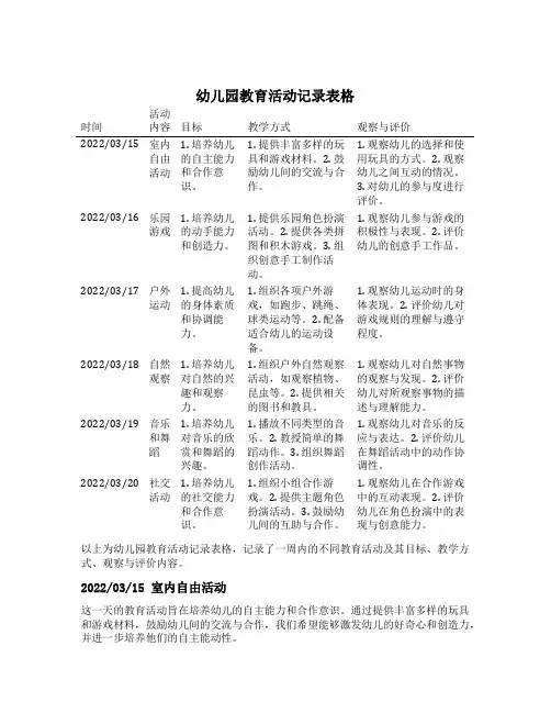 幼儿园教育活动记录表格