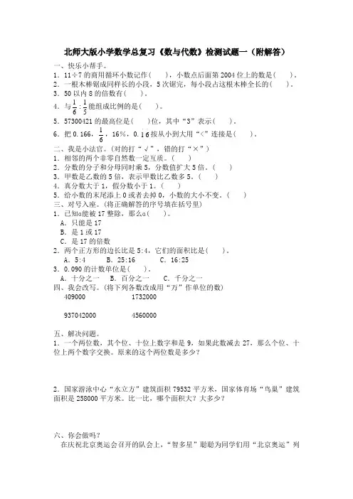 北师大版小学数学总复习《数与代数》检测试题一(附答案)